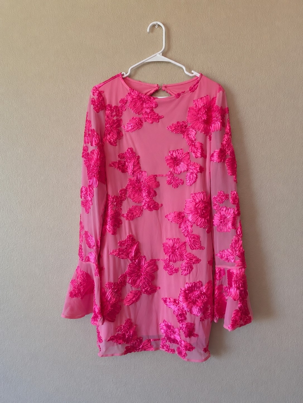 NWT Commense Pink 3D Floral Embroidered Mesh Bell Sleeve Mini Dress XL